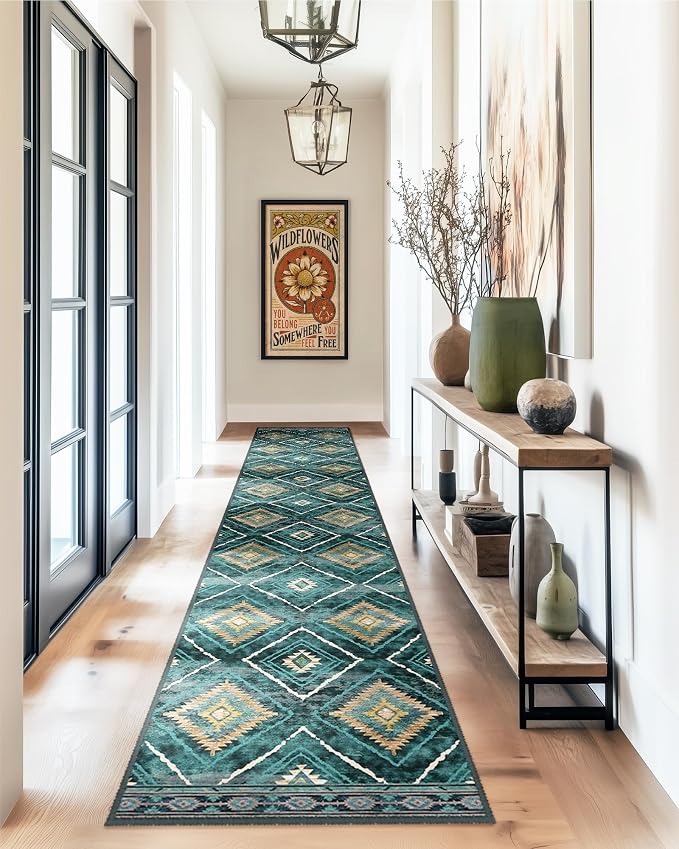 2'x10' Washable Area Rug for Living Room Runner Teal/Green | Soft Western No Slip Low Pile Print Foldable Indoor Small Rug for Kitchen entrance entryway hallway