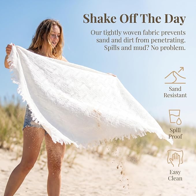 70x70 Bohemian Picnic Mat Extra Large, Sand Proof Outdoor Camping Blanket Machine Washable, Lightweight Portable Travel Tarp for 5-7 Adults Beach Park Grass (White-T-Grid)
