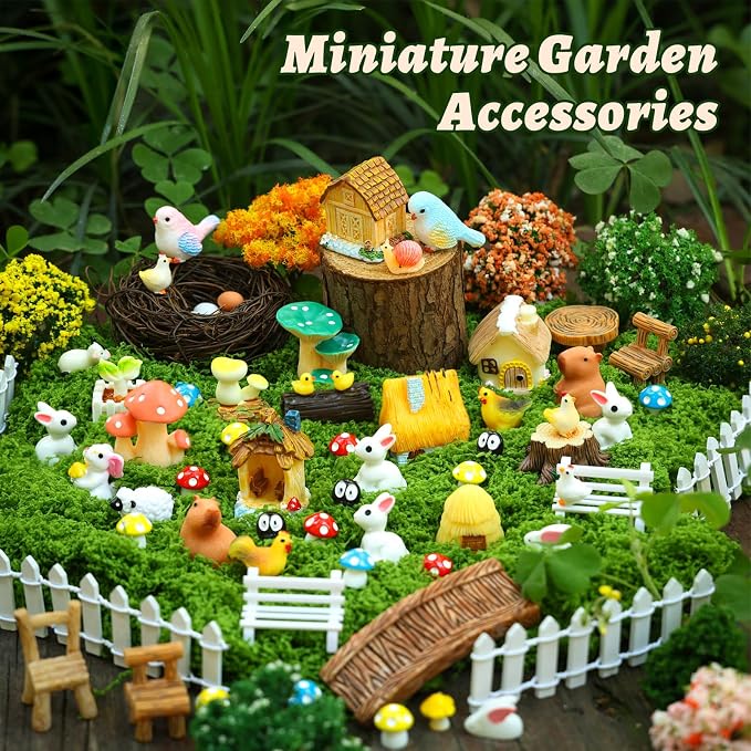 87 PCS Miniature Fairy Garden Accessories Kit with Moss & Trees Micro Landscape Ornament Village Set Resin Animal Figurines for Terrarium Bonsai Succulent Dollhouse Decor