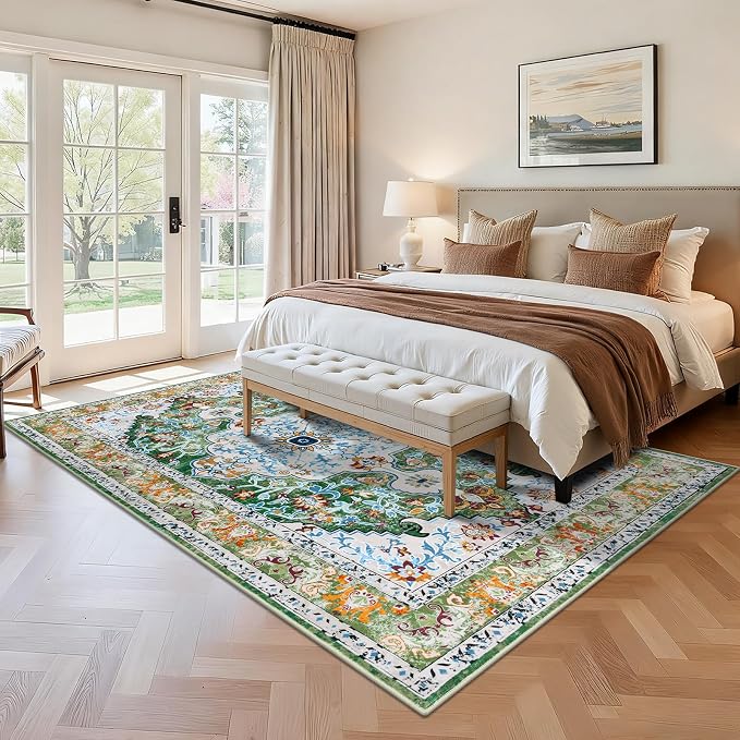 U'Artlines Boho Vintage Area Rug 5x8 Machine Washable Carpet, Green | Low Pile, Non Slip, Ultra-Thin Soft Floor Carpet, Accent Rug for Living Room Bedroom Dining Room Office