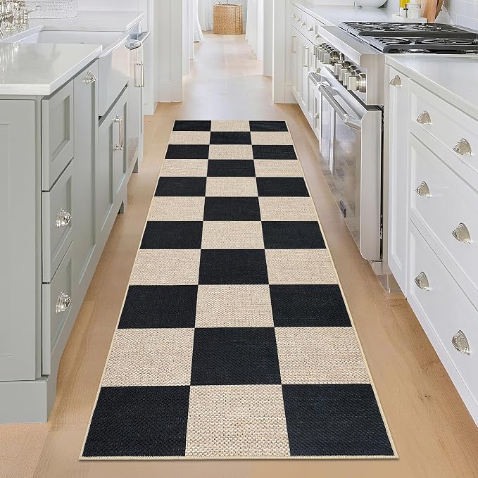 Garvee 2x6 Runner Rug Kitchen Rugs Washable Easy Jute Rug, Black/Beige | Modern Checkered Rug Hallway Runner Rug Stain Resistant Easy Cleaning Non Shedding Floor Cover for Laundry Entryway