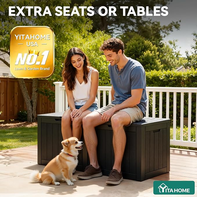 YITAHOME 30 Gallon Deck Boxes 2 Pack, Waterproof Outdoor Storage for Cushions, Tools & Pool Accessories, Resin Package Delivery for Patios, Gardens & Decks, Black