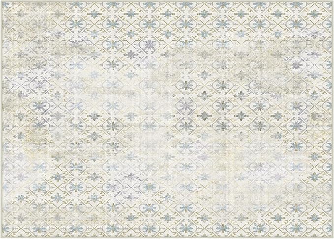 Phantoscope Geometry Collection Area Rug 5'x7' for Living Room - Washable Rug Large Boho Carpet Non-Slip for Bedroom Dining Room, Indoor Low-Pile Neutral Distressed Accent Rug, Teal Floral/Beige