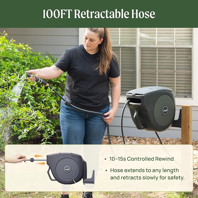 Vego Garden Hose Reel Retractable Hi-Flow Wall Mounted Hose Reel Automatic Rewind, Any Length Lock with 9 Patterns Sprayer Nozzle, Quick Connector and Adjustable shot Nozzle (Cloud White, 100ft)