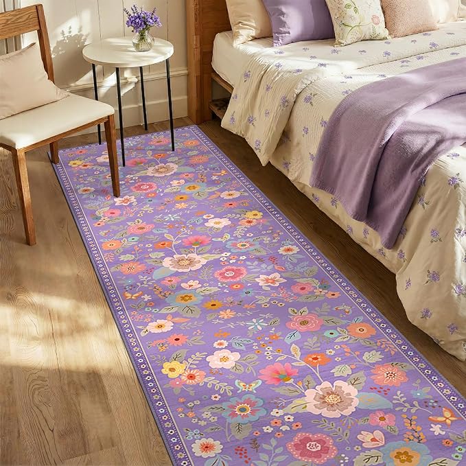 Floral Washable 2x8 Area Rugs Runner Entryway Hallway Purple/Pink | Flower Carpet, Print, Boho, Non-Slip, Easy to Clean, Low Pile, Soft, for Living Room Bedroom Kitchen Office Entrance