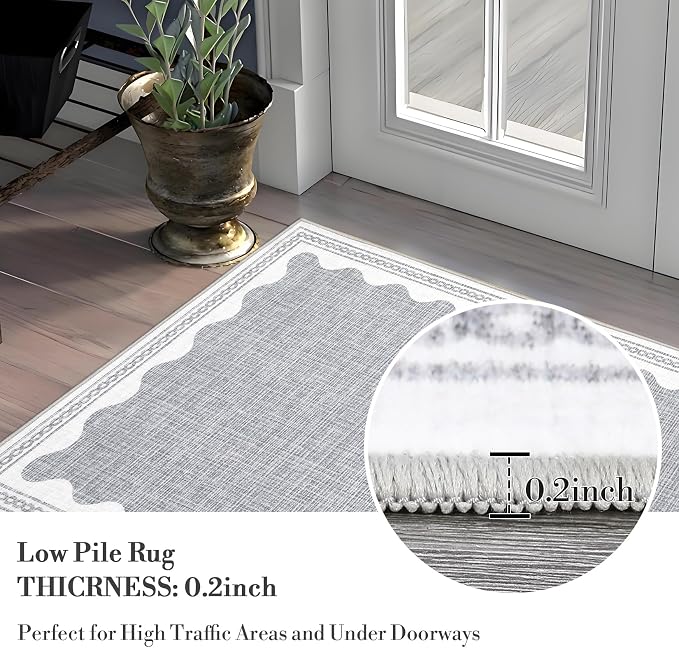 2x3 Scalloped Area Rugs Grey Washable Entryway Bedroom Rug | Solid Small Area Rug Non Slip Scalloped Bath Mat, Front Door Mat Indoor Entrance,Soft Girls Nursery Dorm Carpet for Kitchen
