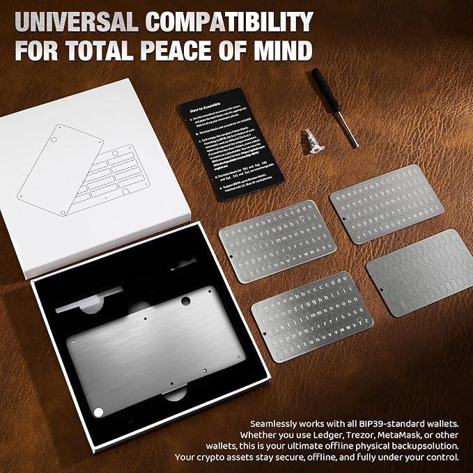Crypto Seed Phrase Storage, Metal Seed Phrase Plate, Bybkxeo S2, 3-8 Letter Wide Slots for All BIP39 Words, 24-Word Capacity, Fire/Corrosion Resistant, Compatible with Ledger/Trezor/KeepKey