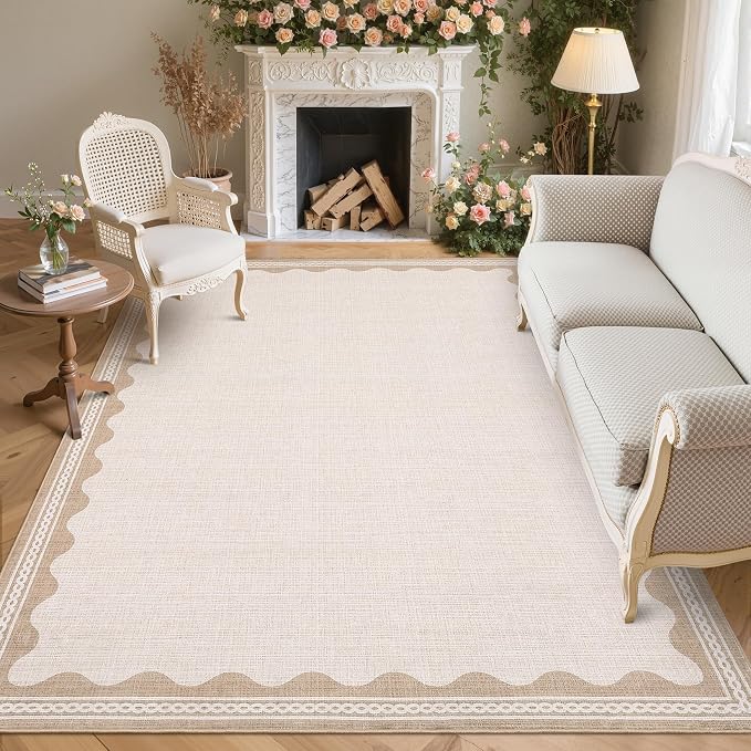 Garvee Large Washable Rug 9x12 Modern Indoor Living Room Rug Non Slip Beige | Stain-Resistant Low Pile Floor Cover Ultra Soft Foldable Bordered Print Carpet for Bedroom Nursery Office Dorm Kids Room