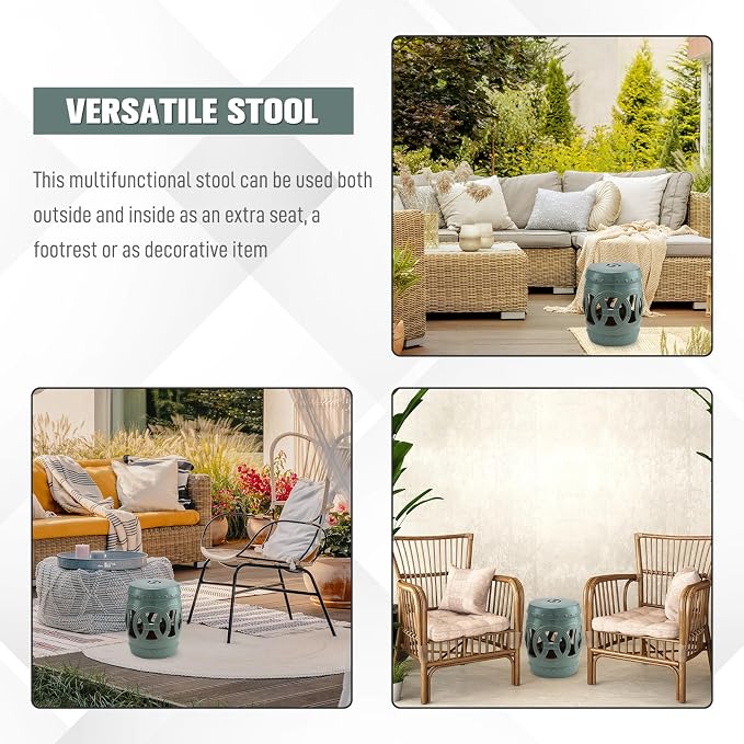 Outsunny 14" x 17" Ceramic Garden Stool with Double-Coin Knotted Ring Design & Strong Glazed Material, Decorative Outdoor Stool, Home Collection, Antique Blue