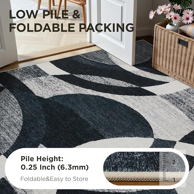 Joydeco Washable Geometric 8x10 Area Rugs for Living Room, Black Gray White | Non-Slip Low Pile Soft Stain Resistant Dark Gray Modern Pet Child Friendly Carpet for Bedroom Dining Room Home Office