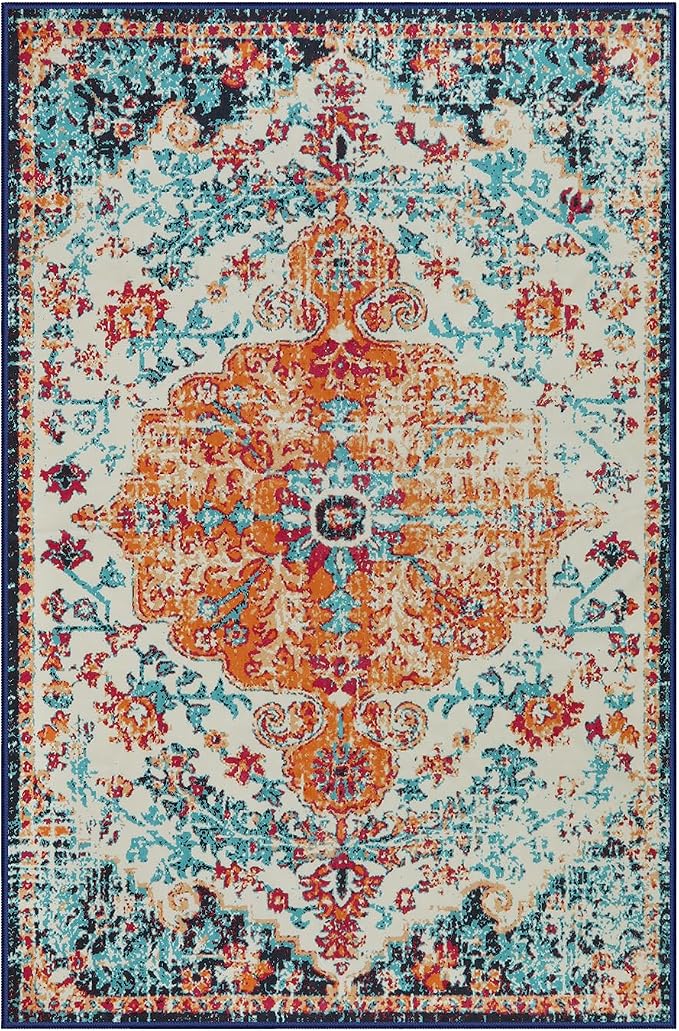 Lahome Reine Orange 6x9 Area Rugs Boho Washable Area Rug for Bedroom,Large Area Rugs for Living Room Dining Room,Bohemian Vintage Non Slip Low Pile Indoor Accent Carpet for Home Office(6x9ft,Orange)