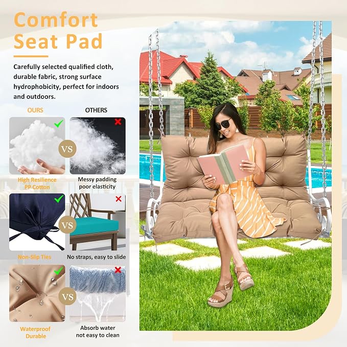 Swing Replacement Cushions for Outdoor: 2-3 Seater Waterproof Porch Bench Cushion with Backrest and Ties - 4" Thick Swing Cushion for Garden Patio Backyard Loveseat
