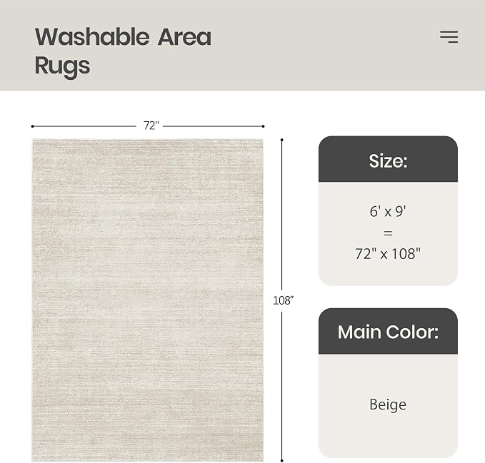 Valenrug 6x9 Area Rugs Non Slip, Large Washable Rugs for Living Room, Beige | Soft Low Pile, Thin & Lighweight Carpet, Folable Stain Resistant Modern Indoor Floor Mat for Bedroom, Dining Room, Home Decor