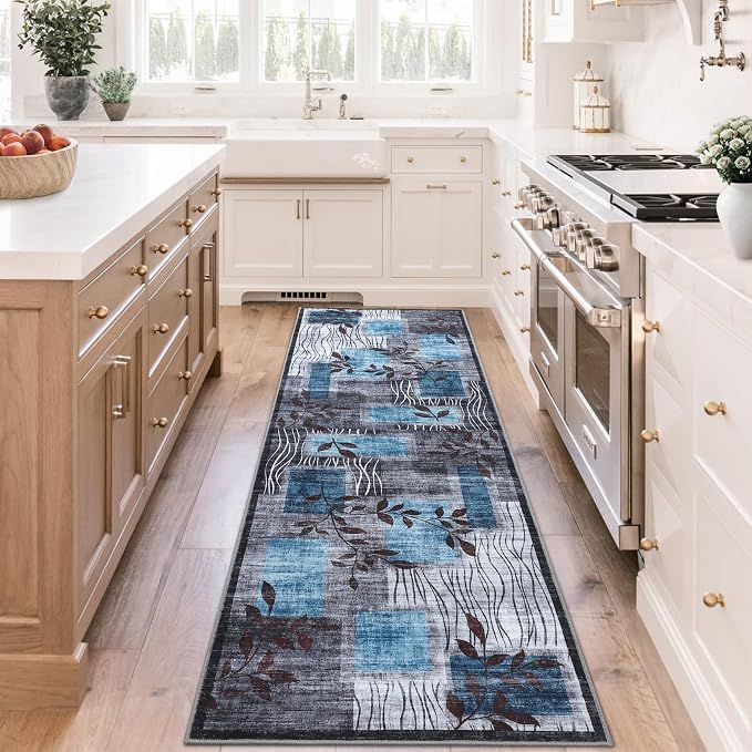 GarveeHome Washable Runner Rug 2x6 Modern Floral Rug Geometric Runners Grey Hallway Runner Carpet Soft Kitchen Low-Pile Bathroom Mat for Bedroom Laundry Hallway 2x6