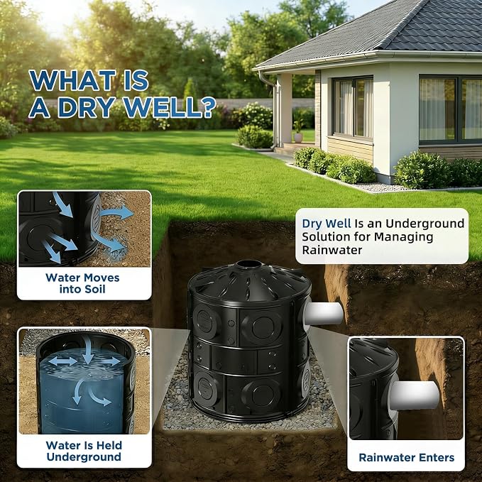 50 Gallon Stormwater Dry Well for Yard Drainage, Underground Stormwater Detention & Infiltration System, Modular Open-Bottom Dry Well Kit with 3 Side Panels, 1 Cover for Rainwater Collection, 1PC