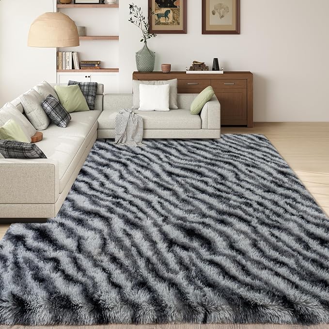9x12 Large Fluffy Area Rugs for Living Room, Zebra Black White | Upgrade Non-slip, Washable, Flame Resistant, High Pile Big 9 x 12 Shag Rug Plush Carpet for Bedroom Kids Room Dorm Home Decor