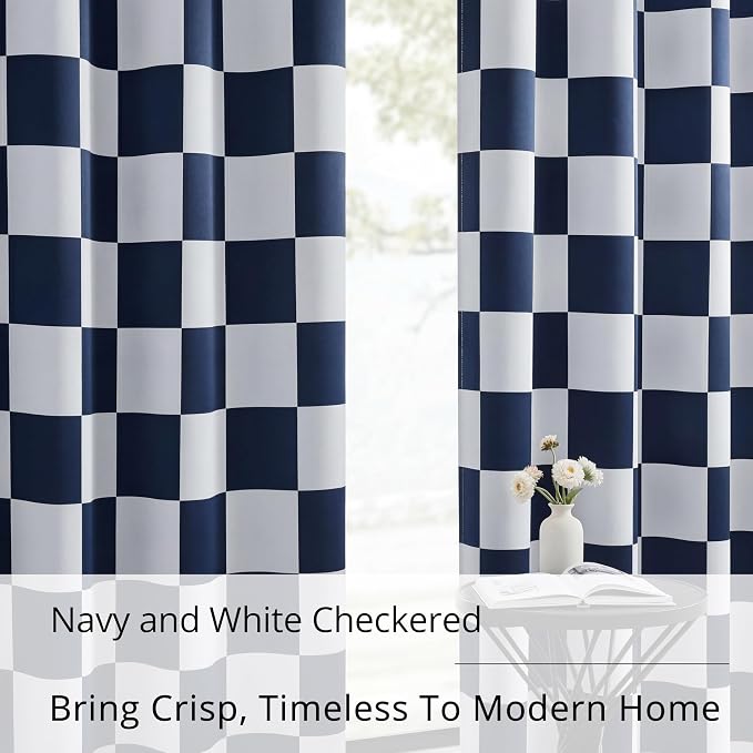100% Blackout Checkered Curtains – 2 Panels, Each W52×L96, Thermal Insulated, Nosie Reducing for Bedroom, Navy and White Checkerboard Design