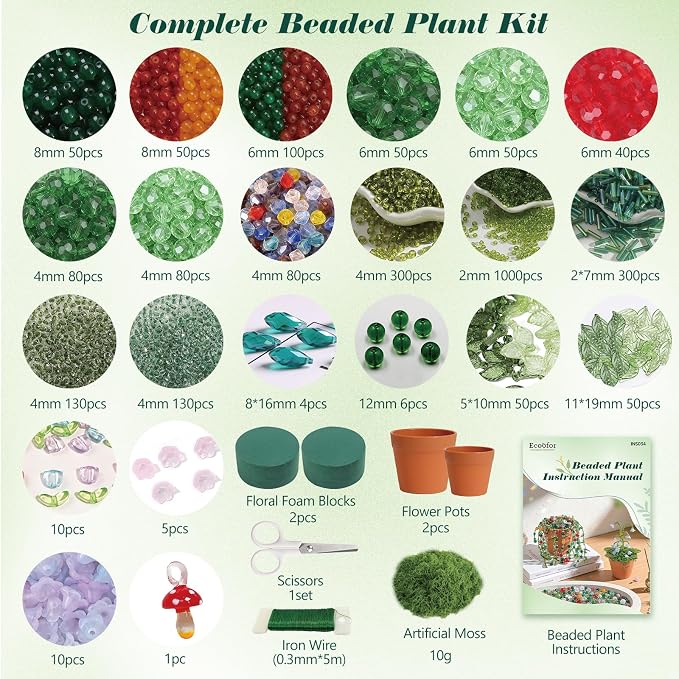 Ecoofor Green Beads Beaded Plant Kit DIY Plant Kit, Green Glass & Crystal Leaf Beads, Video Tutorials, Desk Gifts, Handmade Gifts for Plant Lovers