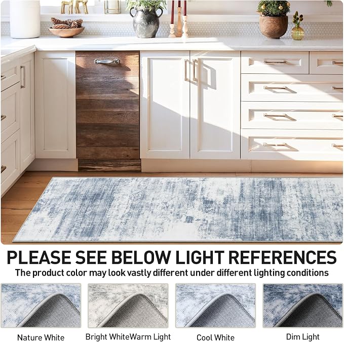 2'6''x8' Runner Rugs Washable Rug:Modern Abstract Hallway Blue White Carpet | Non-slip TPE backing makes this washable soft low-pile rug safe & durable, Pet-friendly decor for dining room,nursery,office