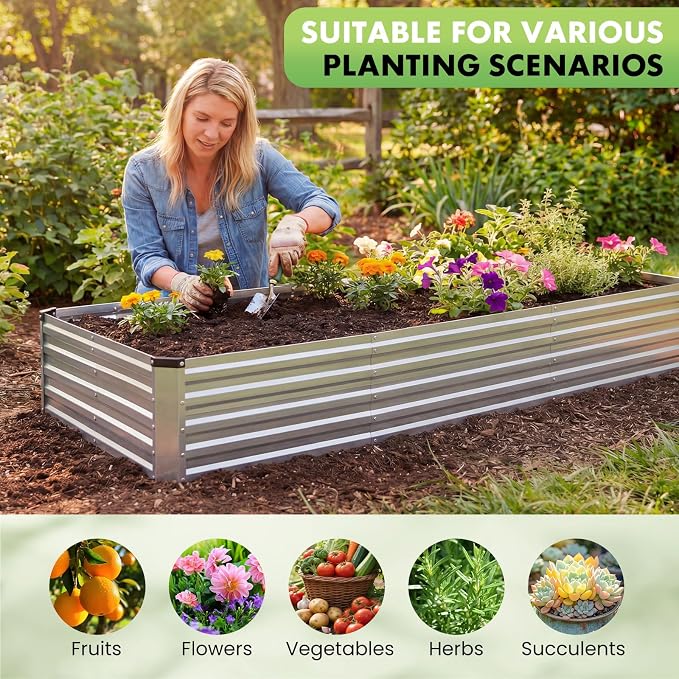 DUMOS Galvanized Raised Garden Bed Outdoor, 8x4x1ft Raised Metal Planter Box, Rust-Resistant Steel Garden Planter, Rectangular Gardening Flower Bed for Vegetables Flowers Herbs, Open Bottom