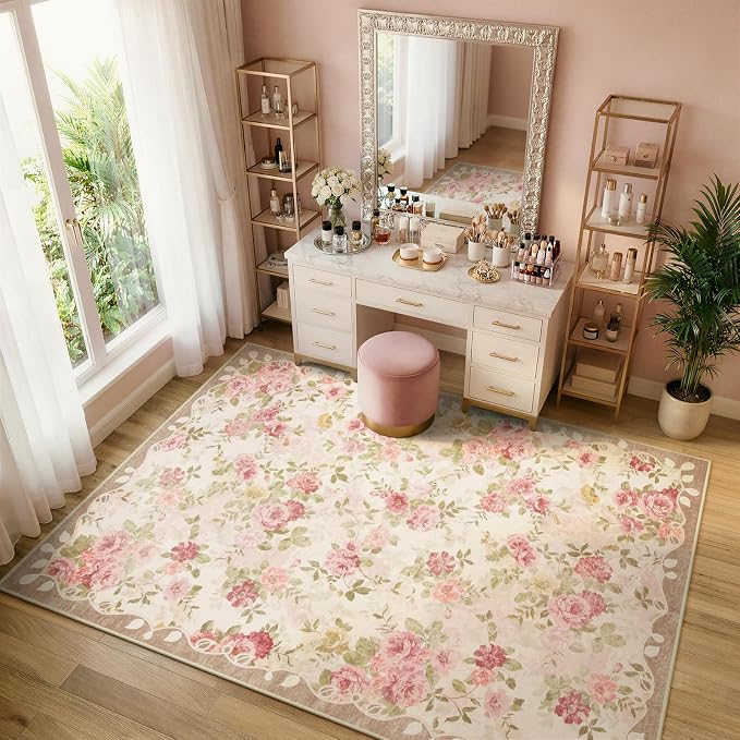 Lahome Floral Washable Rugs 5x7,Rugs for Living Room Pink Area Rug,Vintage Rugs for Bedroom Girls Non Slip Low Pile Ultra-Thin Large Carpet for Office Dining Room,Kids Playroom Nina (5'X7',Beige)
