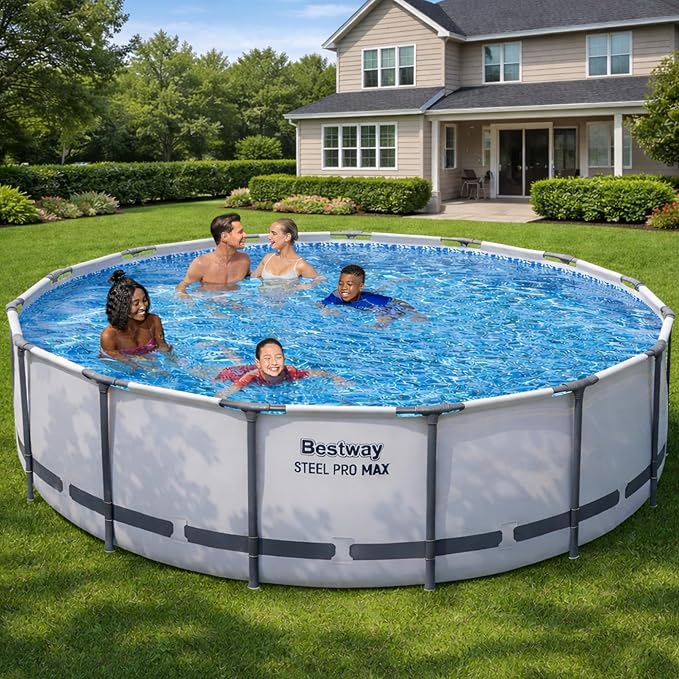Bestway Steel Pro MAX 15' x 42" Above Ground Pool, Round Metal Frame Outdoor Swimming Pool Set with Filter Pump, Ladder, and Cover, Gray