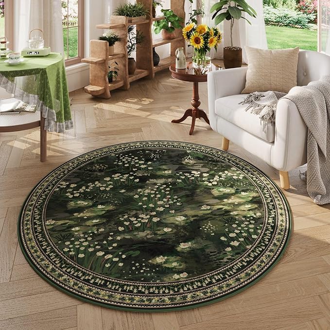 Rugcomf Circle Rug Impressionist-Style Vintage 5ft Round Rug Non Slip Low Pile Small Circular for Bedroom Bathroom Entryway Kids Room Office College Dorm, Green