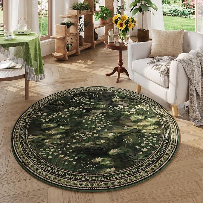 Rugcomf Circle Rug Impressionist-Style Vintage Round Rug 4ft Non Slip Low Pile Small Circular Rug for Bedroom Bathroom Entryway Kids Room Office College Dorm, Green