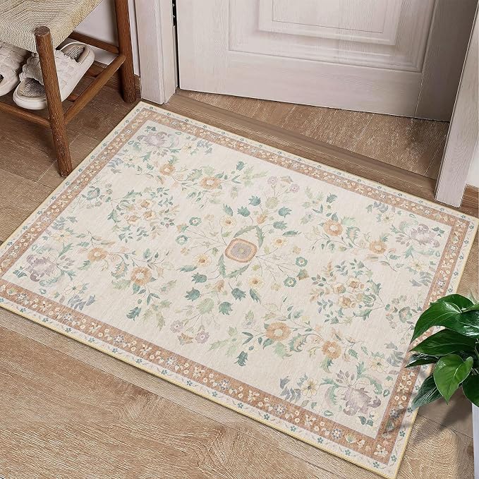 Small Rug Washable 2x3 Area Rugs Non Slip Ultra-Thin Floral | Throw Carpet for Bathroom Entryway Entry Entrance Bedroom Bedside Kitchen Floor Indoor Low Pile Boho Vintage Beige