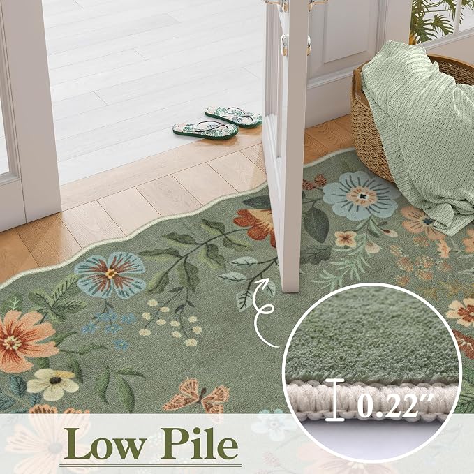 Lahome Floral Rugs for Entryway, 2x4 Washable Kitchen Rugs Ultra-Thin Soft Rug, Non Slip Indoor Door Mat Stain Resistant Boho Small Throw Carpet for Bathroom Bedroom Flore (2x4ft,Green)