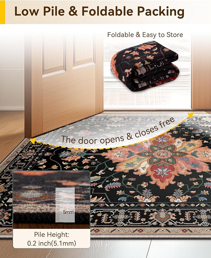 RELEANY Washable Area Rug, Runner 2'x5', Black/Colorful | Non-Slip, Water Repellent, Pet Friendly, Easy to Clean, Vintage Floral Boho Decor for Kitchen Entry Bedroom Bedside Laundry