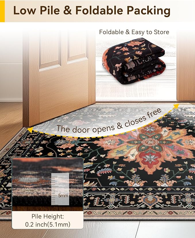 RELEANY Washable Area Rug, 3'x4', Black/Colorful | Non-Slip, Water Repellent, Pet Friendly, Easy to Clean, Vintage Floral Boho Decor for Living Room Bedroom Beside Kitchen