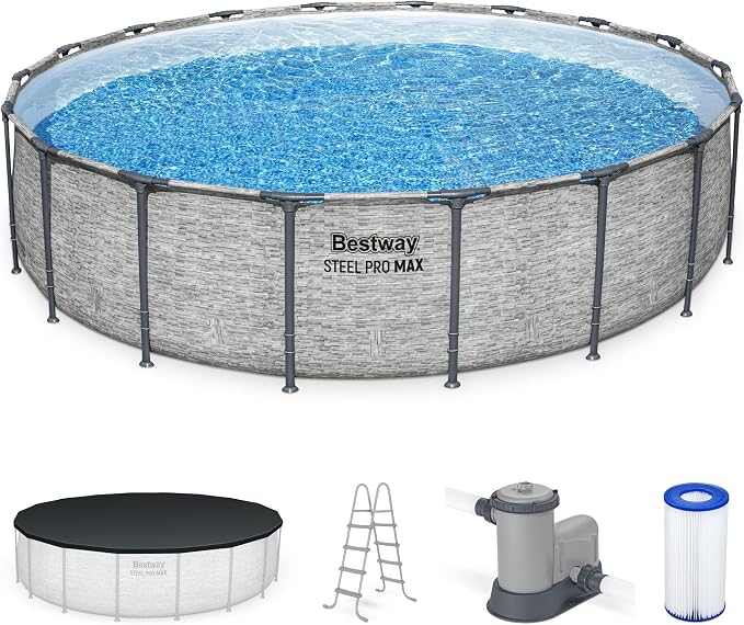 Bestway Steel Pro MAX 18' x 48" Above Ground Swimming Pool Set with Pump | Durable Round Metal Frame Outdoor Backyard Pool, Puncture-Resistant Liner - Ladder and Cover Included, Stacked Stone Print