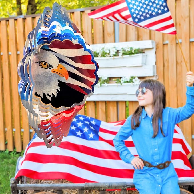 3D Eagle Wind Spinner, America 250 Independence Anniversary Patriotic Decor, USA Flag Bald Eagle Design, 12In Metal Hanging Wind Sculpture for 4th of July, Memorial Day, National