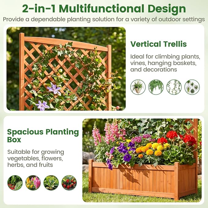 Giantex 2 Pcs Raised Garden Bed with Trellis, 71" Wooden Elevated Planter Box, High Trellis for Plant Flower Climbing Pot Hanging, Indoor & Outdoor Planter Box for Yard, Garden, Balcony