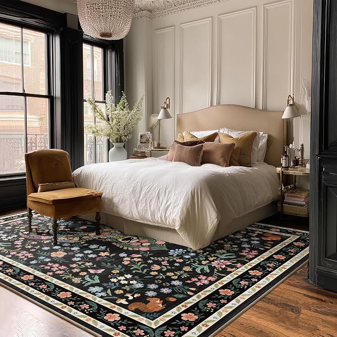 Area Rug Vintage Floral Deer Pattern 8x10 - Bohemian Forest Animal Carpet with Squirrel & Butterfly, Soft Decorative Area Rug for Living Room Bedroom Home Decor