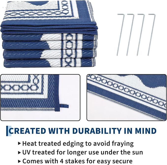 Garvee Outdoor Rug 6x9 Scalloped Waterproof Patio RV Outdoor Rugs Reversible Foldable Plastic Straw Rug Modern Camping Carpet for Deck Camper Porch Balcony Backyard Picnic Beach Dark Blue