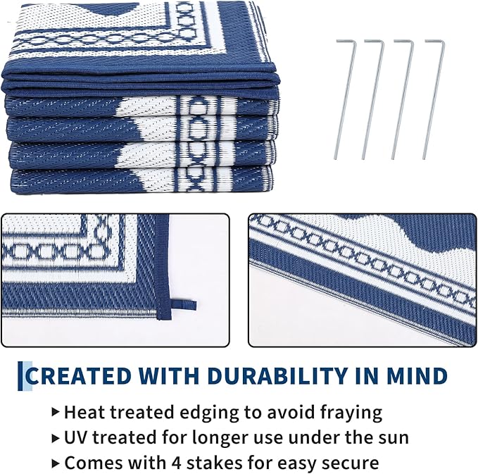 Garvee Outdoor Rug 5x8 Scalloped Waterproof Patio RV Outdoor Rugs Reversible Foldable Plastic Straw Rug Modern Camping Carpet for Deck Camper Porch Balcony Backyard Picnic Beach Dark Blue