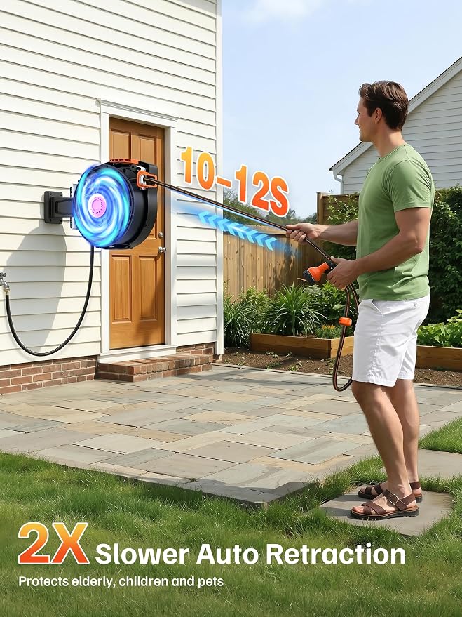 Mars Villa Retractable Garden Hose Reel 1/2 IN x 100 FT, Wall Mount Heavy Duty Water Hose for Outside, Auto-Rewind & Any Length Lock, 180° Swivel Bracket, Slow Return, 10 Spray Patterns, UV-Resistant