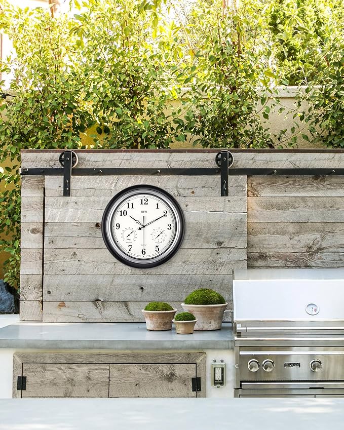 Outdoor Clock Waterproof, 18 Inch Large Outdoor Clocks Weatherproof with Thermometer & Hygrometer Combo, Easy-to-Read Outside Wall Clock for Patio, Garden, Poolside, Backyard-Black Silver