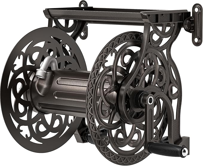 Garden Hose Reel Wall Mount Metal, Holds 125 ft x 5/8" Decorative Water Hose Holder for Outside Storage, Heavy Duty Aluminum Frame w/Shelf, No-Leak Aluminum Water System, Easy Assmbly, Dark Bronze