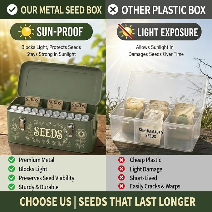 Metal Seed Storage Organizer, 4 Compartment Locking Seed Saving Box | Includes 30 Bottles & Envelopes, Dark Green Vintage Garden Seed Organizer for Flower Vegetable Heirloom Seeds