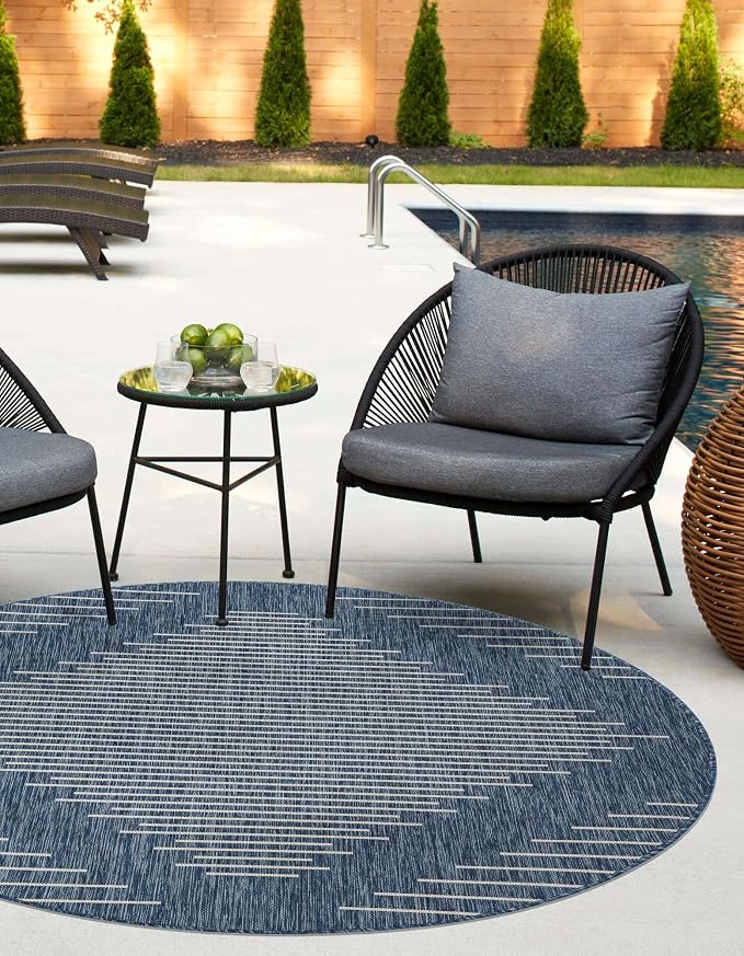 Unique Loom Outdoor Modern Collection Area Rug - Tambor (3' 3" Round Blue/Ivory)