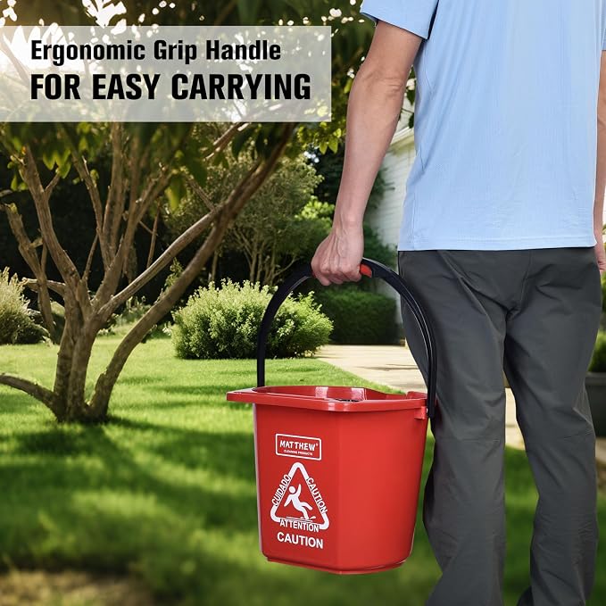 Matthew Cleaning 4.2 Gallon Mop Bucket, Heavy Duty Plastic Cleaning Bucket with Built-in Pour Spout, Mop Holder and Comfort Grip Handle, House and Commercial Cleaning Supplies, Case Pack 12 Pcs Red
