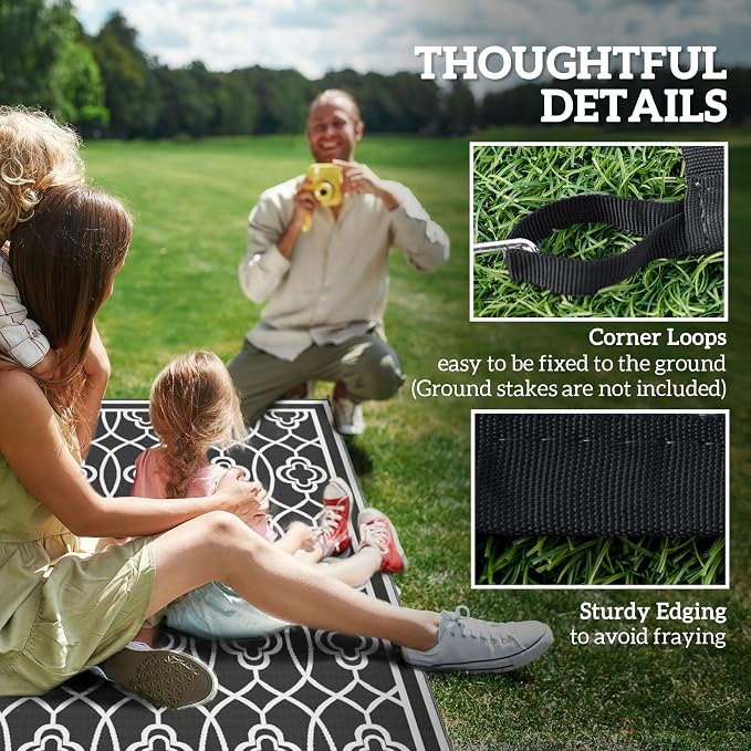 Outsunny Outdoor Rug for Patio, 9' x 18' Waterproof Large Mat, Reversible Plastic Straw Rug for Decor, Portable Outside RV Camping Area Carpet Mat for Backyard Porch Deck Picnic, Black & White Lantern