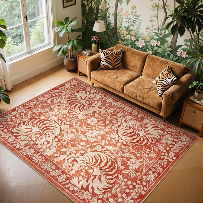 LIVEBOX Washable Tiger Rug 5x7, Non-Slip Terracotta Rug for Living Room, Vintage Jungle Animal Floor Carpet Cool Terracotta Retro Area Rugs for Bedroom Dining Room Nursery Office Dorm