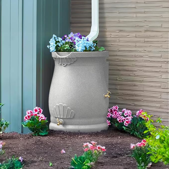 Good Ideas Rain Wizard 50 Gallon Rain Saver Barrel Water Storage Urn with Planter Space and 2 Brass Spigots, Light Granite (3 Pack)