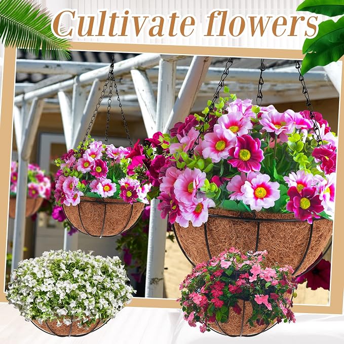 Dandat 12 Pack Hanging Planter Basket Outdoor Large Hanging Flower Pots Indoor 14 inch with Coco Coir Liner Round Wire Plant Holder Chain Basket Garden for Home Decor Balcony Office