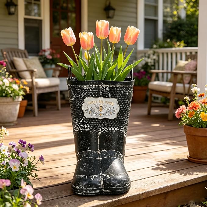 Vintage Metal Planters with Handle Distressed Decor Rustic Farmhouse Flower Pot with Sweet Bee Honey Emblem, Indoor/Outdoor Decorative Plants Buckets for Wedding Home Garden Patio Decor