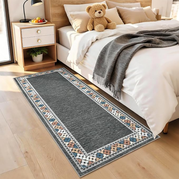 Garvee 2x6 Tribal Border Kitchen Rugs Washable Rugs for Hallway, Dark Gray | Floral Border Area Rug Stain Resistant Easy Cleaning Throw Rugs Low Pile Floor Cover for Bedroom Laundry